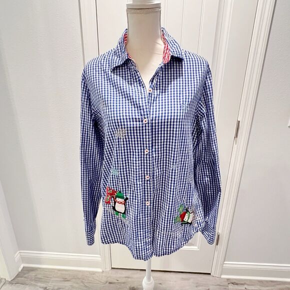 White Stag Womens Large Christmas Gingham Button Down Roll Tab Shirt Embroidered - Picture 1 of 13